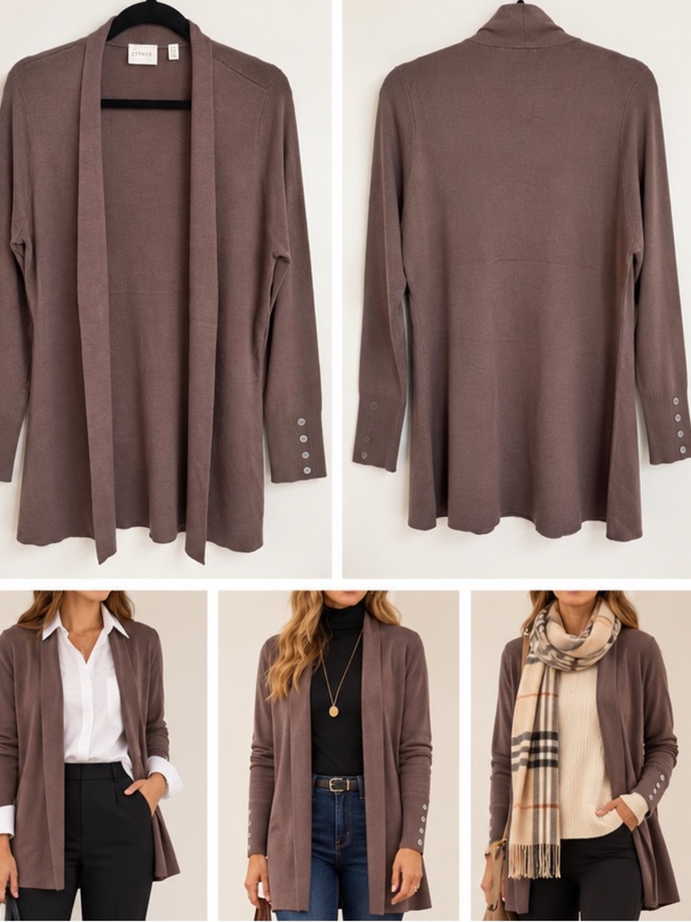 NWT Cyrus Women’s Open Front Long Cardigan Size M Mink Brown Button Cuff
